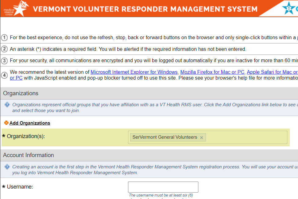 Registration Step 3: A screenshot of the registration form with the 'Organization(s)' field highlighted, indicating the addition of the 'SerVermont General Volunteers' organization to that field.